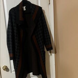 Max Studio Black & Brown Houndstooth Open-Front Long Cardigan